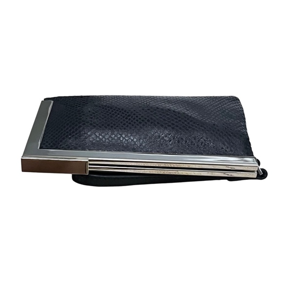 Calvin Klein Black Leather Snakeskin-Print Silver-tone Frame Wristlet Clutch - Picture 9 of 11